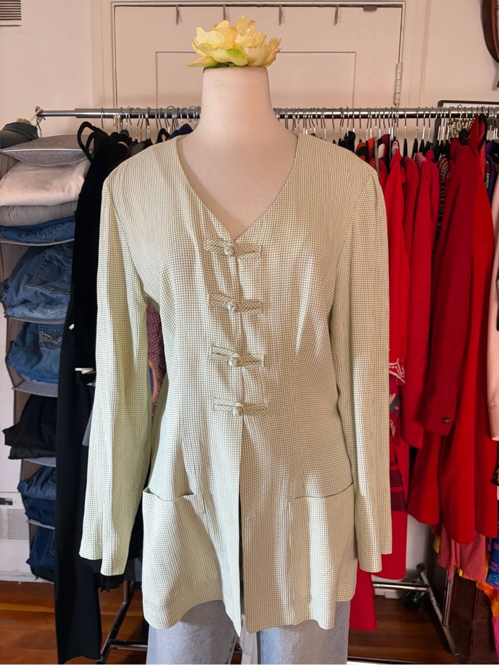 Light Green Gingham Button-Up Tunic Y2K